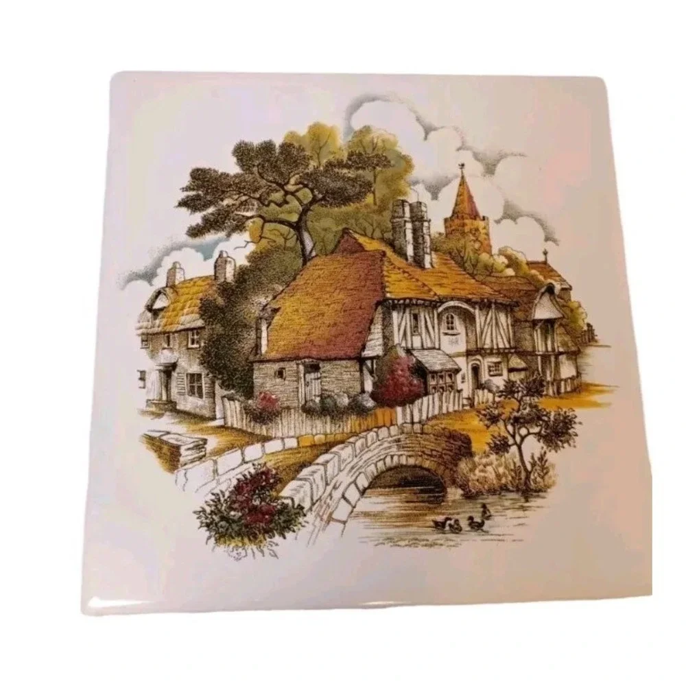 Scenic Cozy English Village Bridge Vtg Ceramic Trivet The Tile Shop San Diego 6
